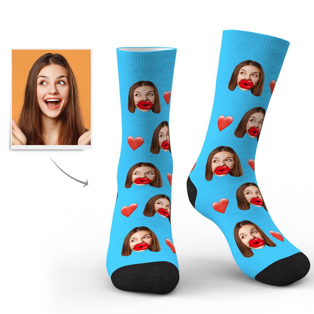 Custom Face Socks Personalized Unisex Socks with Heart and Red Lips-Blongser
