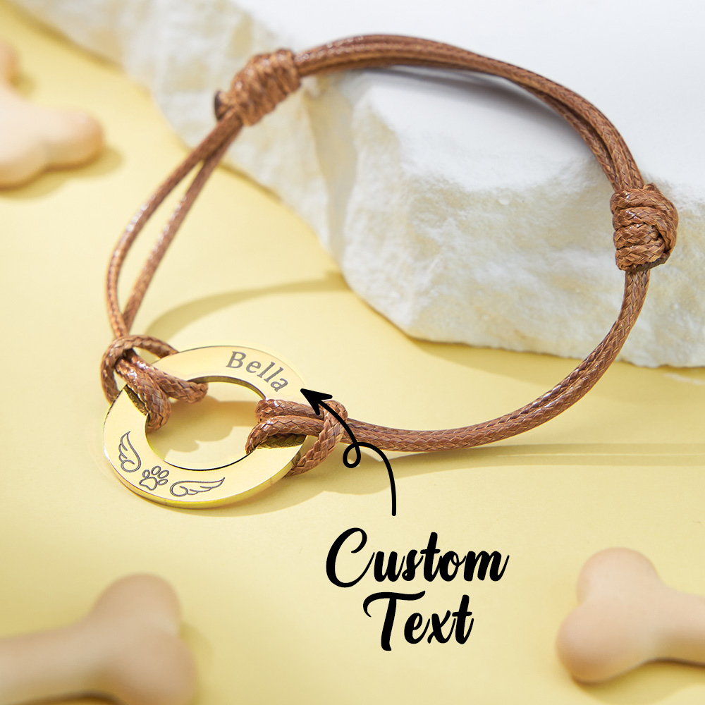 Personalized Engraved Angel Wings Pet Paw Print PU Leather Rope Bracelet Memorial Gift for Pet Lovers-Blongser