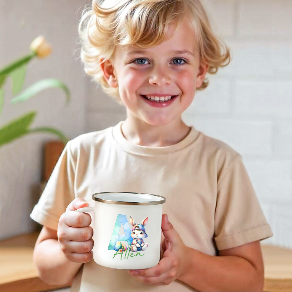 Personalized Easter Bunny Enamel Mug with Name Gradient Initial 12oz Cup Easter Gift for Kids-Blongser