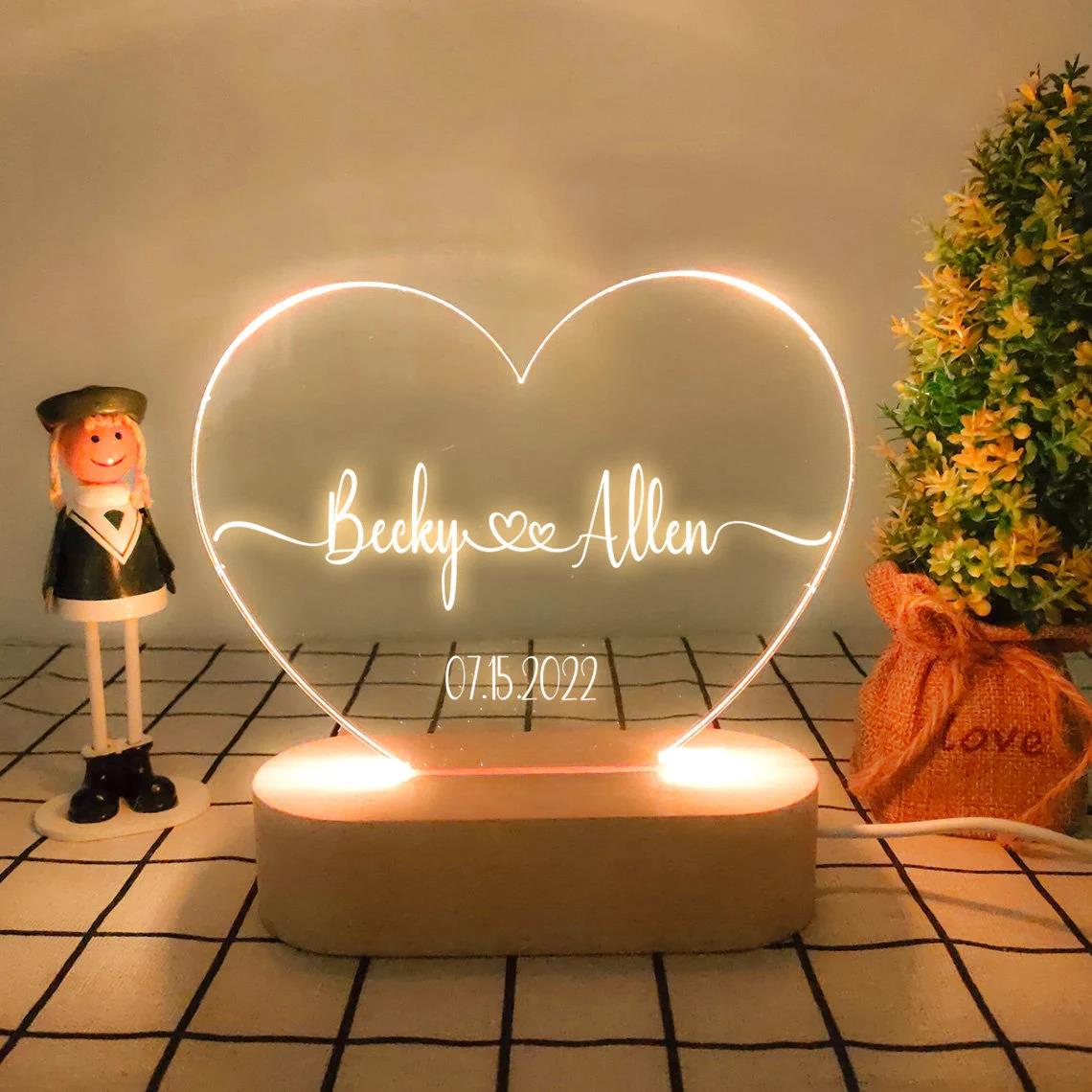 Heart Shaped Acrylic Plaque Personalized Name and Date Night Light-Blongser