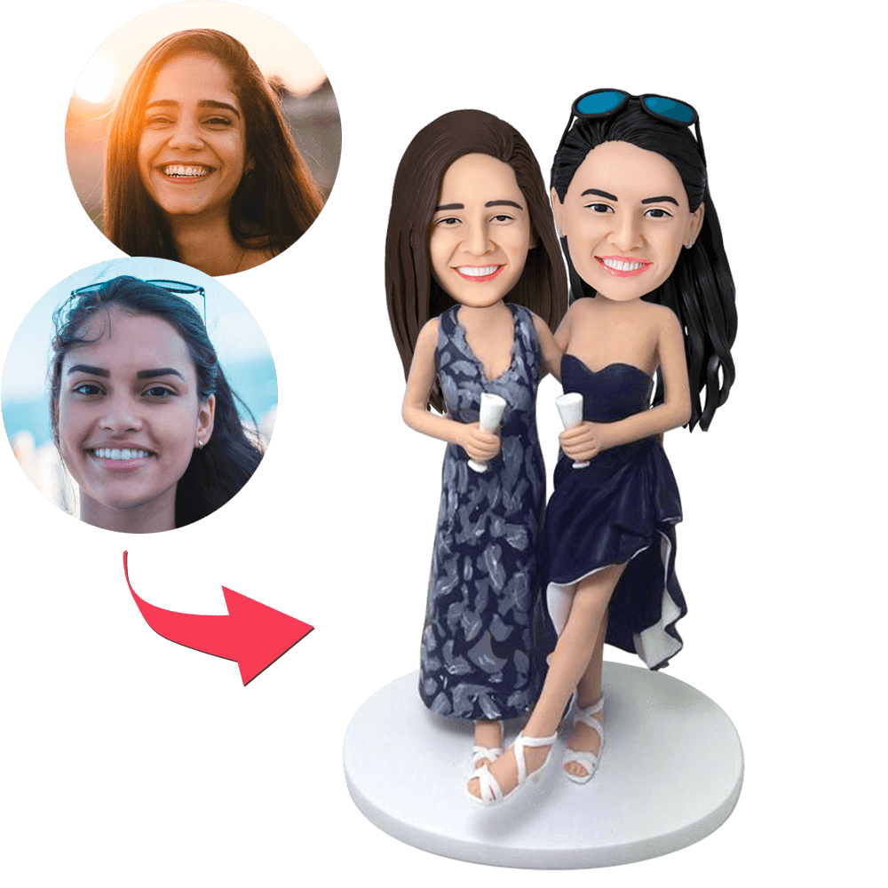 Same-sex Lady Couple Custom Bobblehead With Engraved Text-Blongser