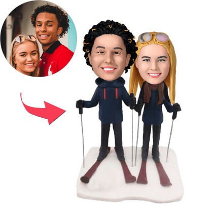 Skiing Couple Custom Bobblehead With Engraved Text-Blongser