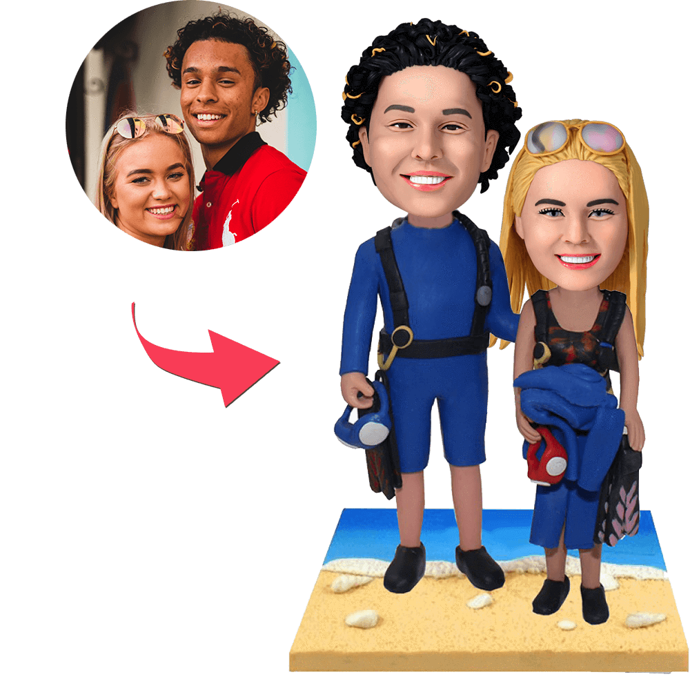 Wetsuit Beach Couple Custom Bobblehead With Engraved Text-Blongser
