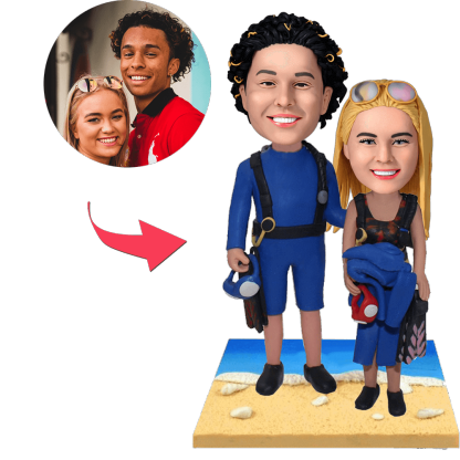 Wetsuit Beach Couple Custom Bobblehead With Engraved Text-Blongser