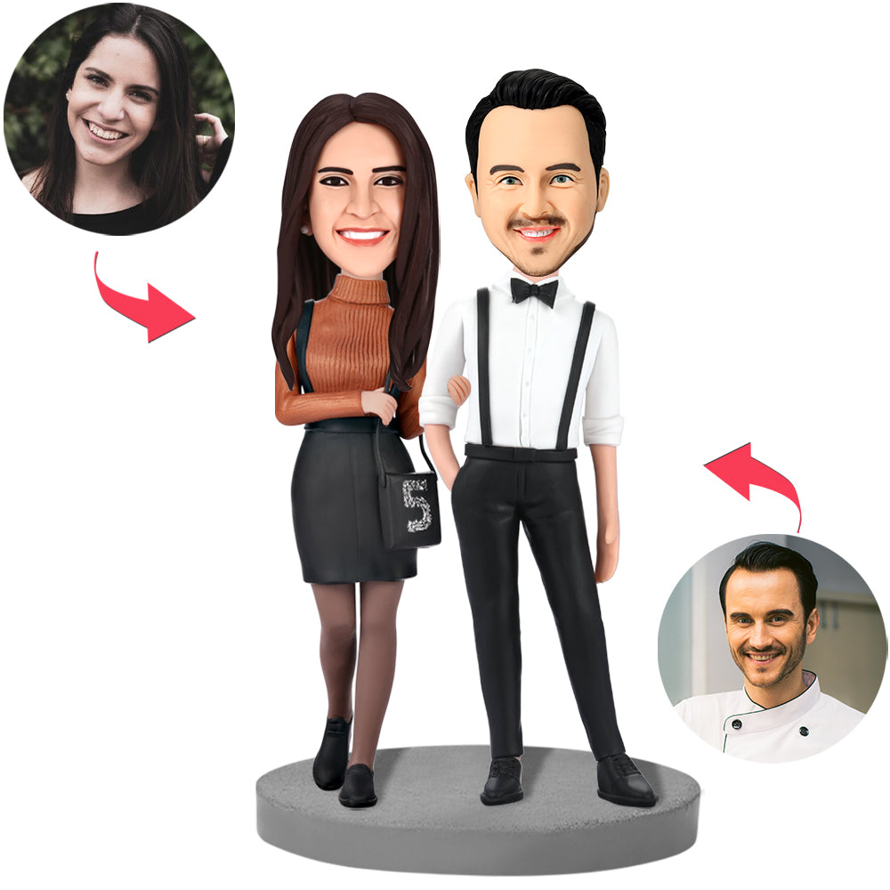 Anniversary Gift Modern Couple In Formal Wear Custom Bobblehead With Engraved Text-Blongser