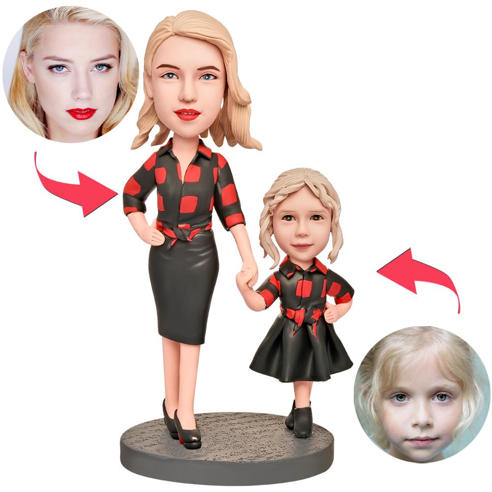 Mother and daughter in Plaid Custom Bobblehead with Engraved Text-Blongser