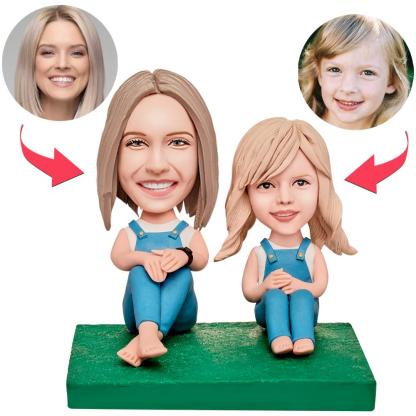 Mother and Daughter in Suspenders Custom Bobblehead with Engraved Text-Blongser