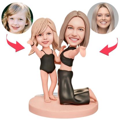 Mother and Daughter in Swimsuits Custom Bobblehead with Engraved Text-Blongser