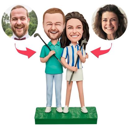 Couple Playing Golf Custom Bobblehead with Engraved Text-Blongser
