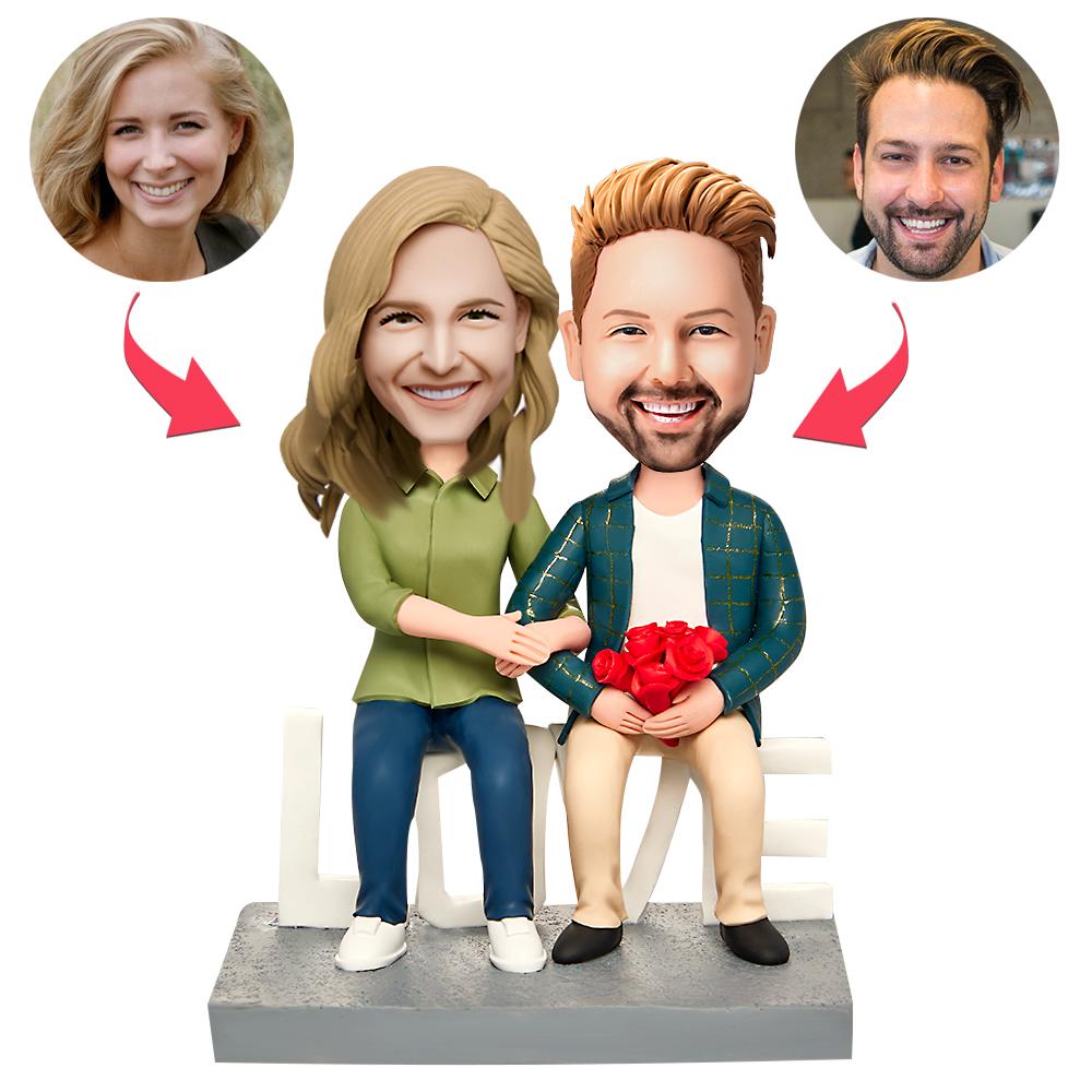 Sitting Couple with Love Valentine's Day Gift Custom Bobblehead with Engraved Text-Blongser