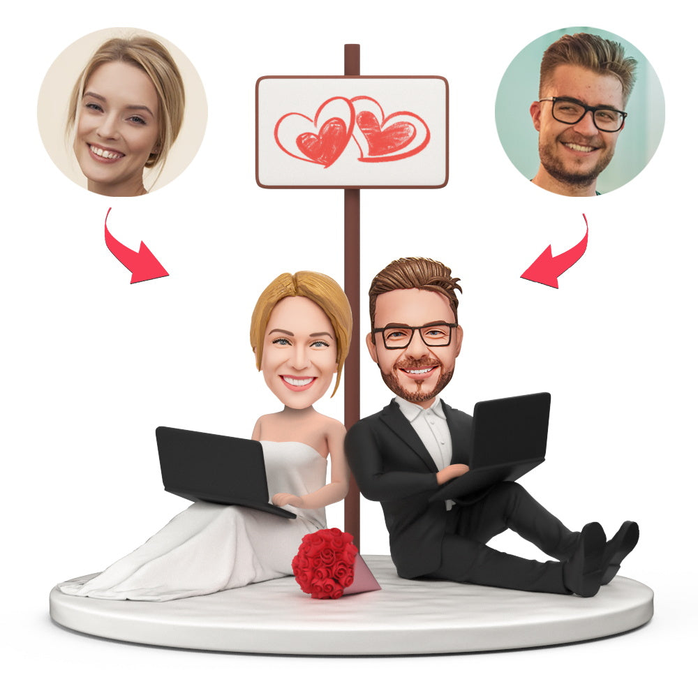Wedding Couple Sitting Holding Laptop Custom Bobblehead with Engraved Text-Blongser