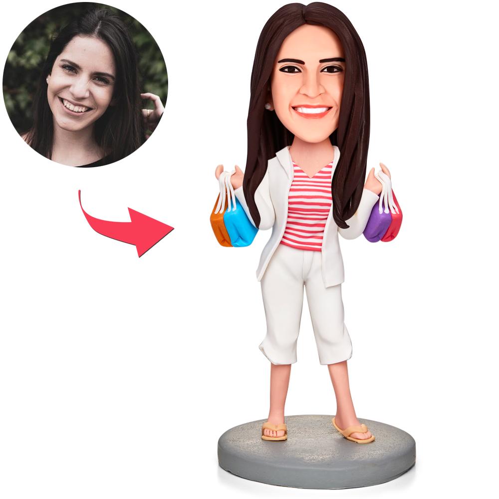 Happy Shopping Woman Custom Bobbleheads With Engraved Text-Blongser