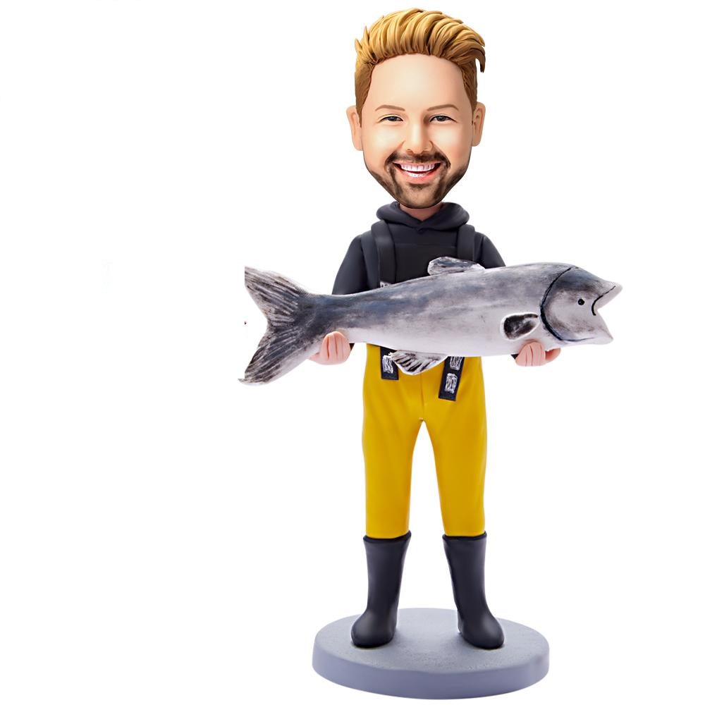 Custom Bobblehead Holding Fish Man With Engraved Text-Blongser