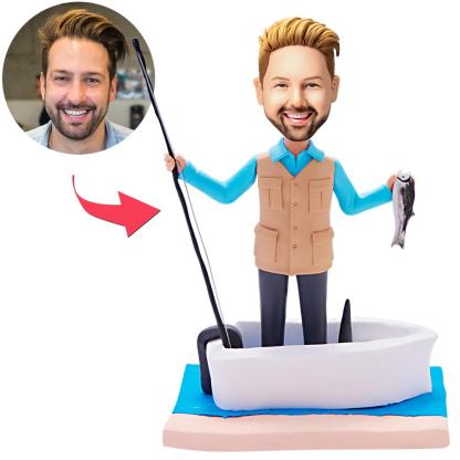 Custom Bobblehead Fisherman on Boat Man With Engraved Text-Blongser