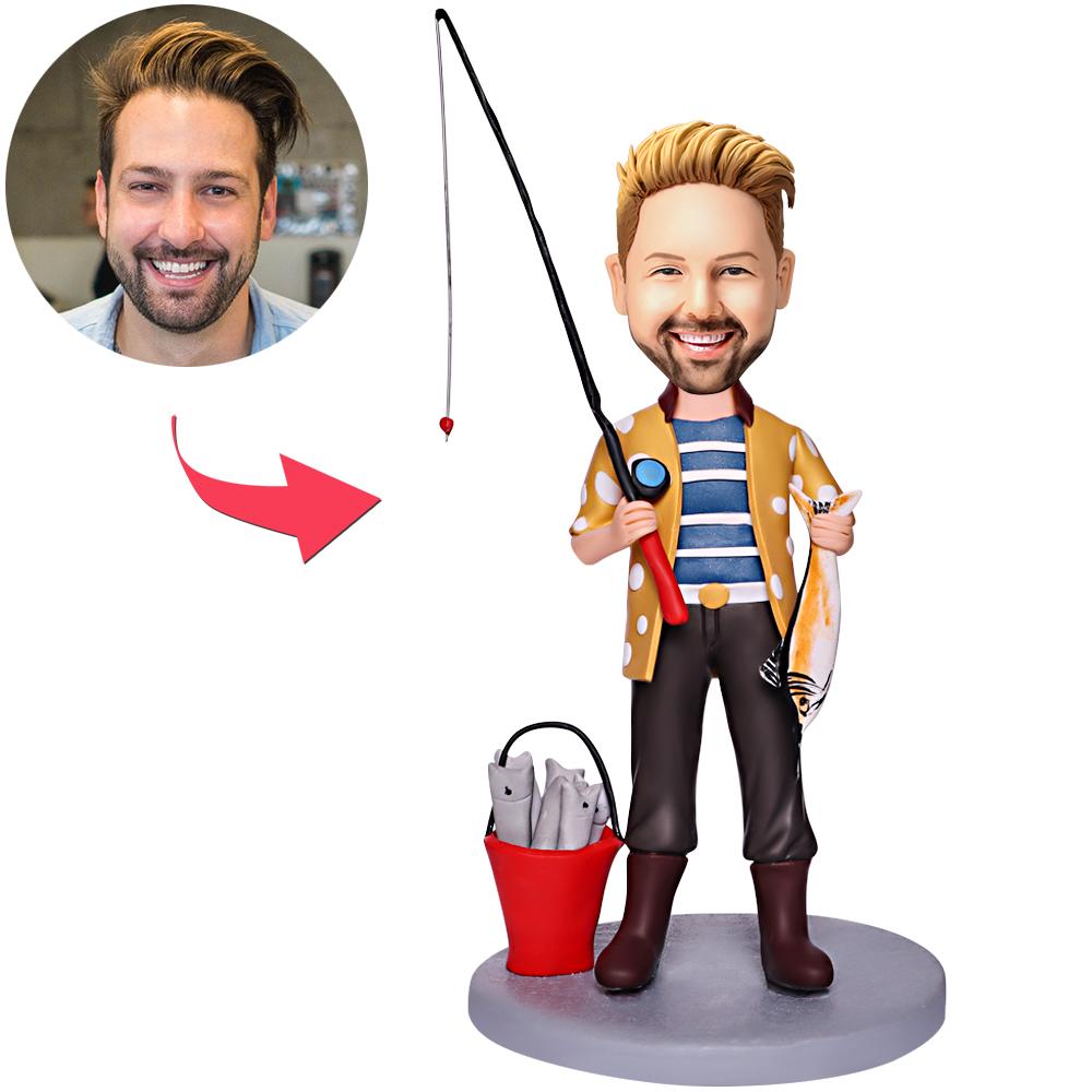 Custom Bobblehead Man Catching a Bucket of Fish With Engraved Text-Blongser