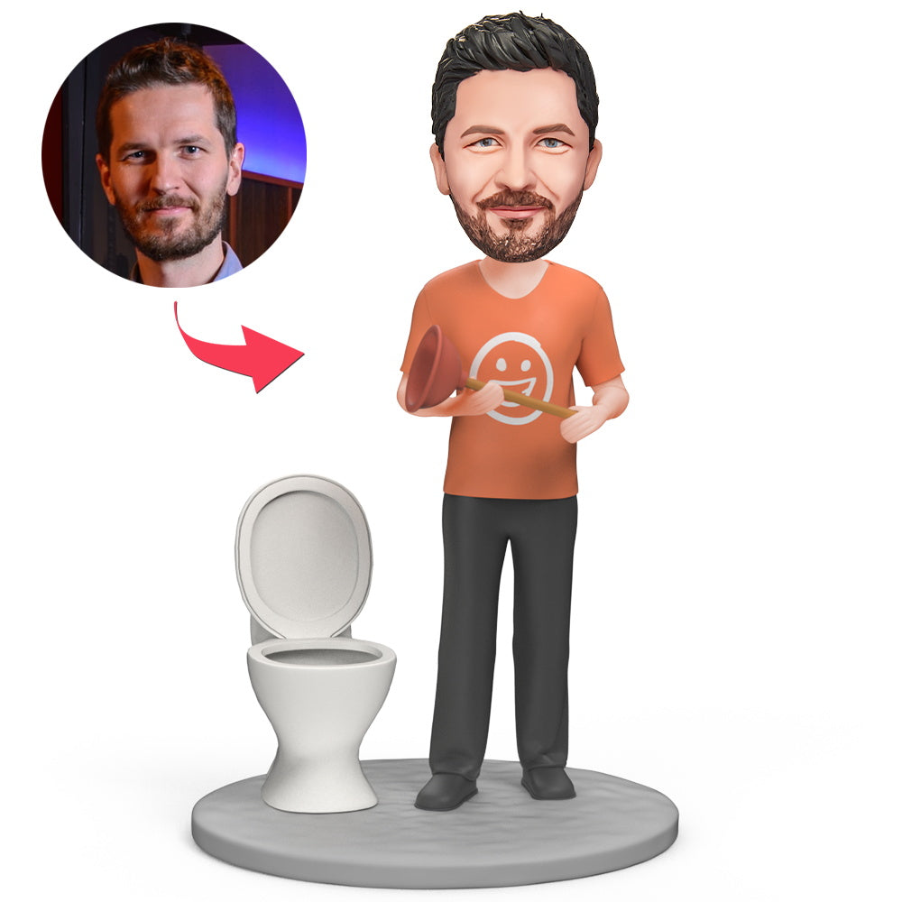Man Cleans the Toilet Custom Bobblehead Engraving with Text-Blongser