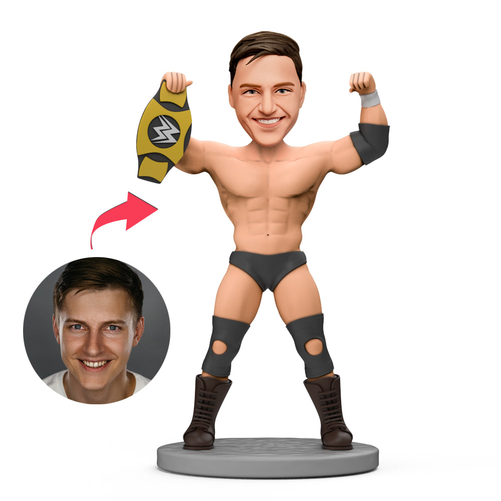 Champion Wrestler with Gold Belt Custom Bobblehead Engraved with Text-Blongser