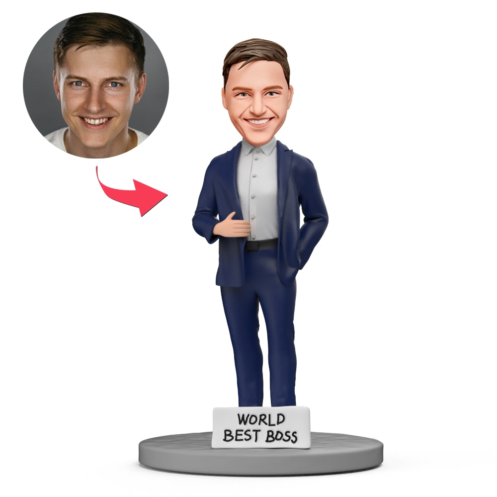 Blue Suit WORLD BEST BOSS Custom Bobblehead with Engraved Text-Blongser