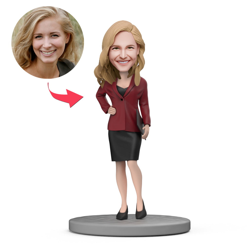 Female Boss with Red Suit and Short Skirt Custom Bobblehead with Engraved Text-Blongser
