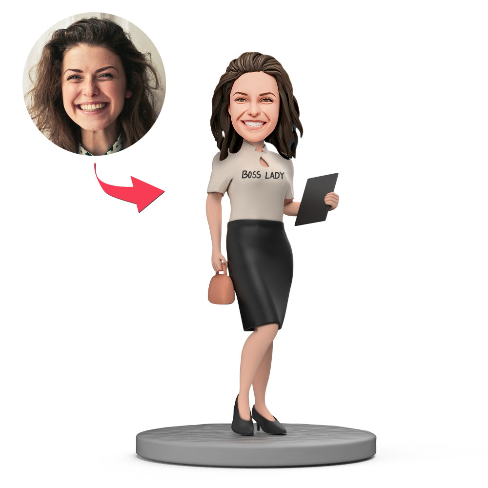 White Blouse and Skirt Holding Documents Boss Lady Custom Bobblehead with Engraved Text-Blongser