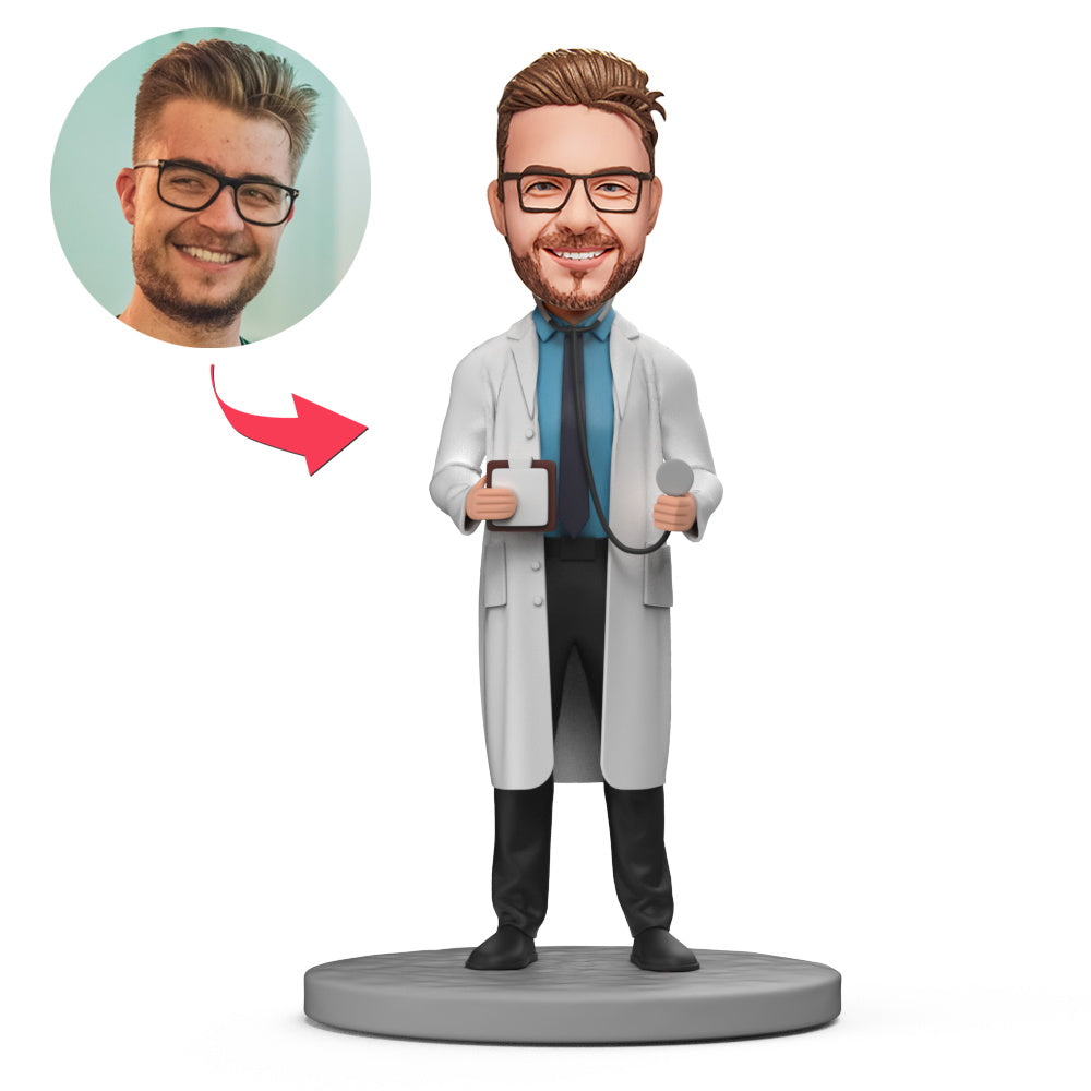 Male Doctor with Stethoscope and Medical Record Book Custom Bobblehead With Engraved Text-Blongser