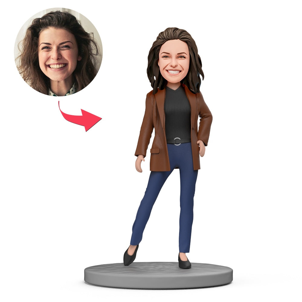 Fashion Lady In Brown Coat And Black Sweater Custom Bobblehead With Engraved Text-Blongser