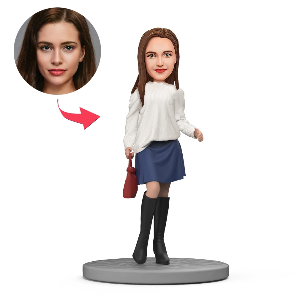 White Sweater And Boots Custom Bobblehead With Engraved Text-Blongser