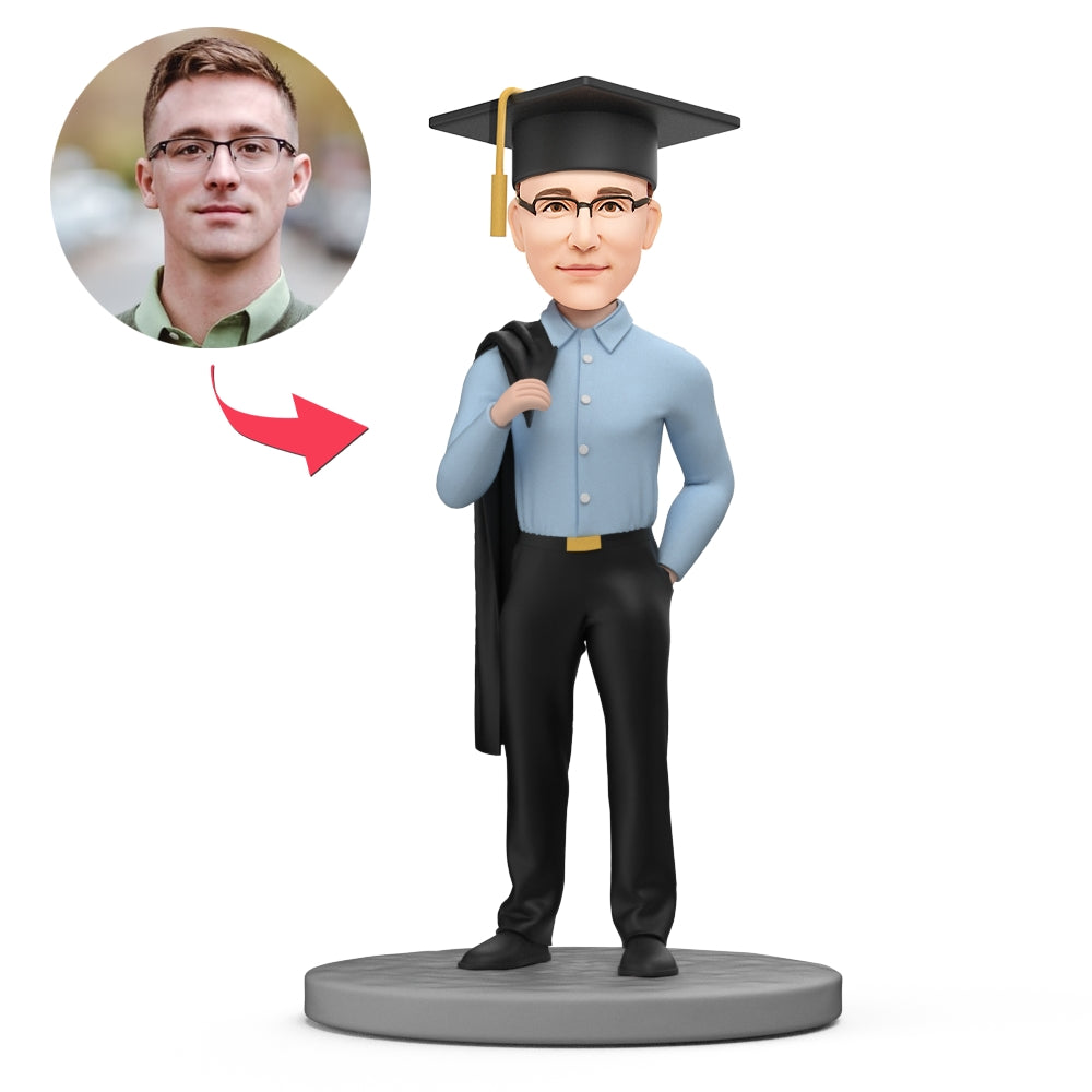 Custom Graduation Bobbleheads - Male Cool Graduate With Bachelor Gown on His Shoulder-Blongser
