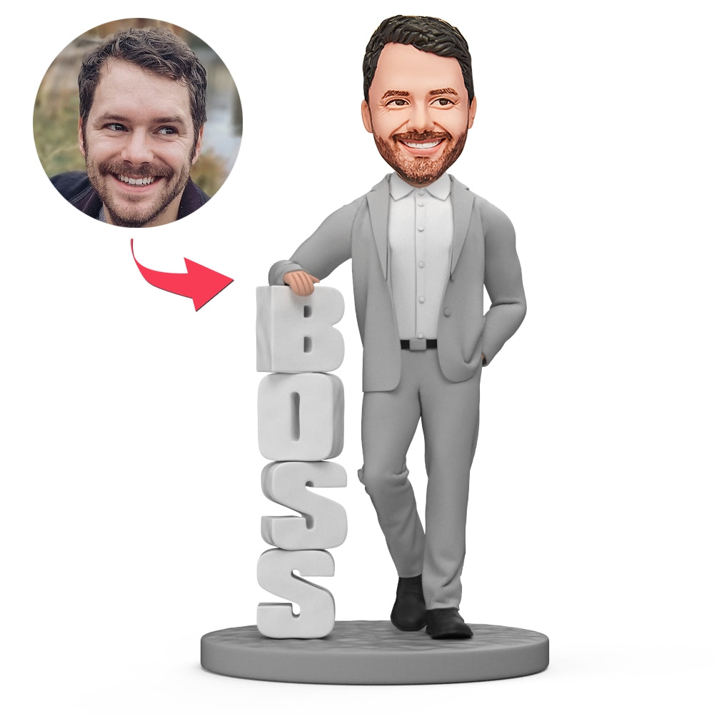 Boss's Day Gift Custom Bobblehead Boss in Gray Suit-Blongser