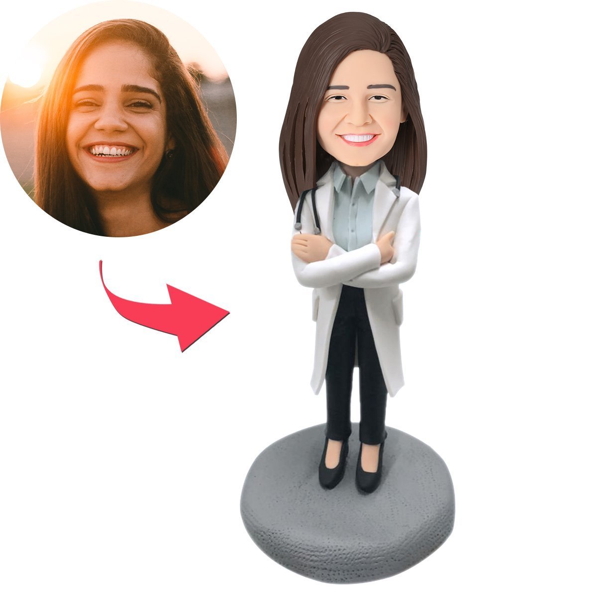 Female Doctor in Lab Coat with Stethoscope Custom Bobblehead With Engraved Text-Blongser