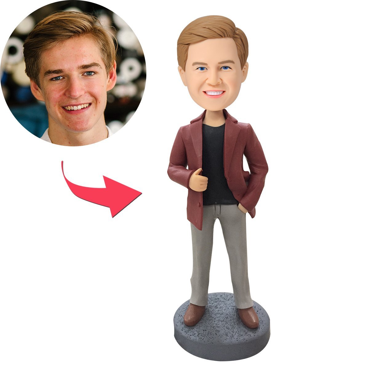 Man In Leather Jacket Custom Bobblehead With Engraved Text-Blongser