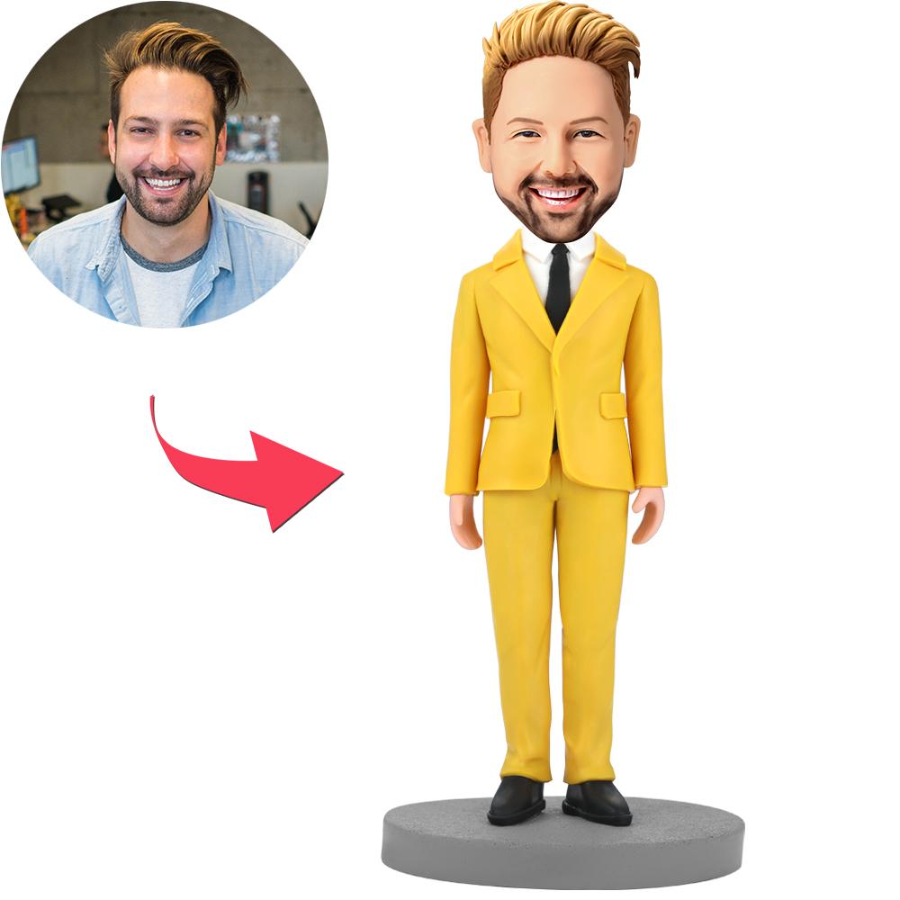 Modern Man In Yellow Suit Custom Bobblehead With Engraved Text-Blongser