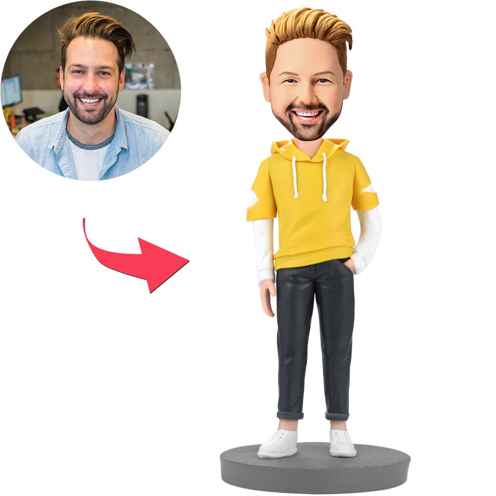 Fashion Man Wearing Yellow Hoodie Custom Bobblehead With Engraved Text-Blongser