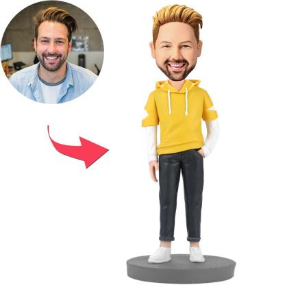 Fashion Man Wearing Yellow Hoodie Custom Bobblehead With Engraved Text-Blongser