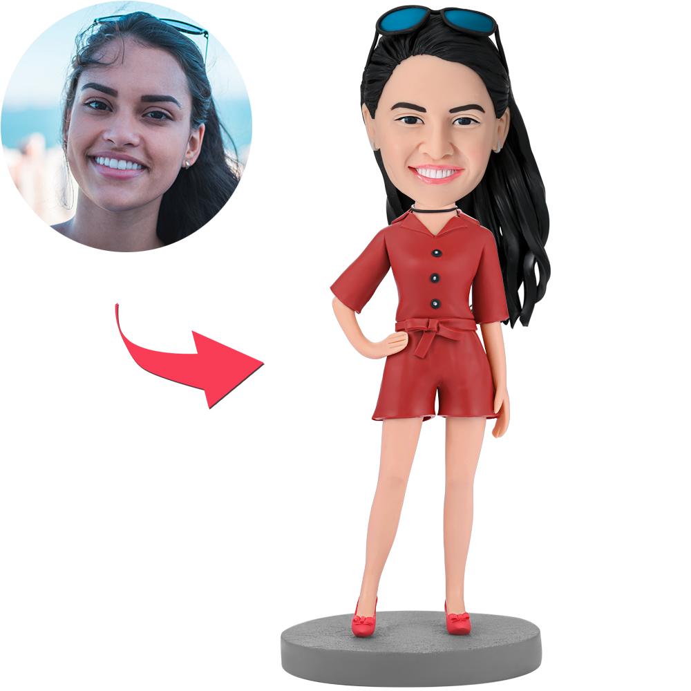 Modern Beautiful Girl In Red Suit Custom Bobblehead With Engraved Text-Blongser
