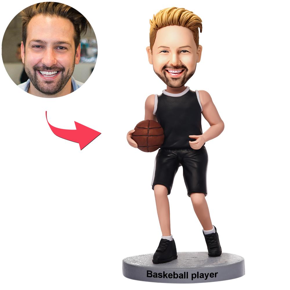 Custom Basketball Player Dribbling In Black Uniform Bobbleheads With Engraved Text-Blongser