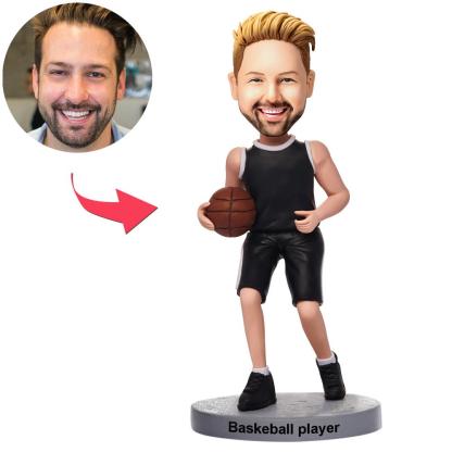 Custom Basketball Player Dribbling In Black Uniform Bobbleheads With Engraved Text-Blongser