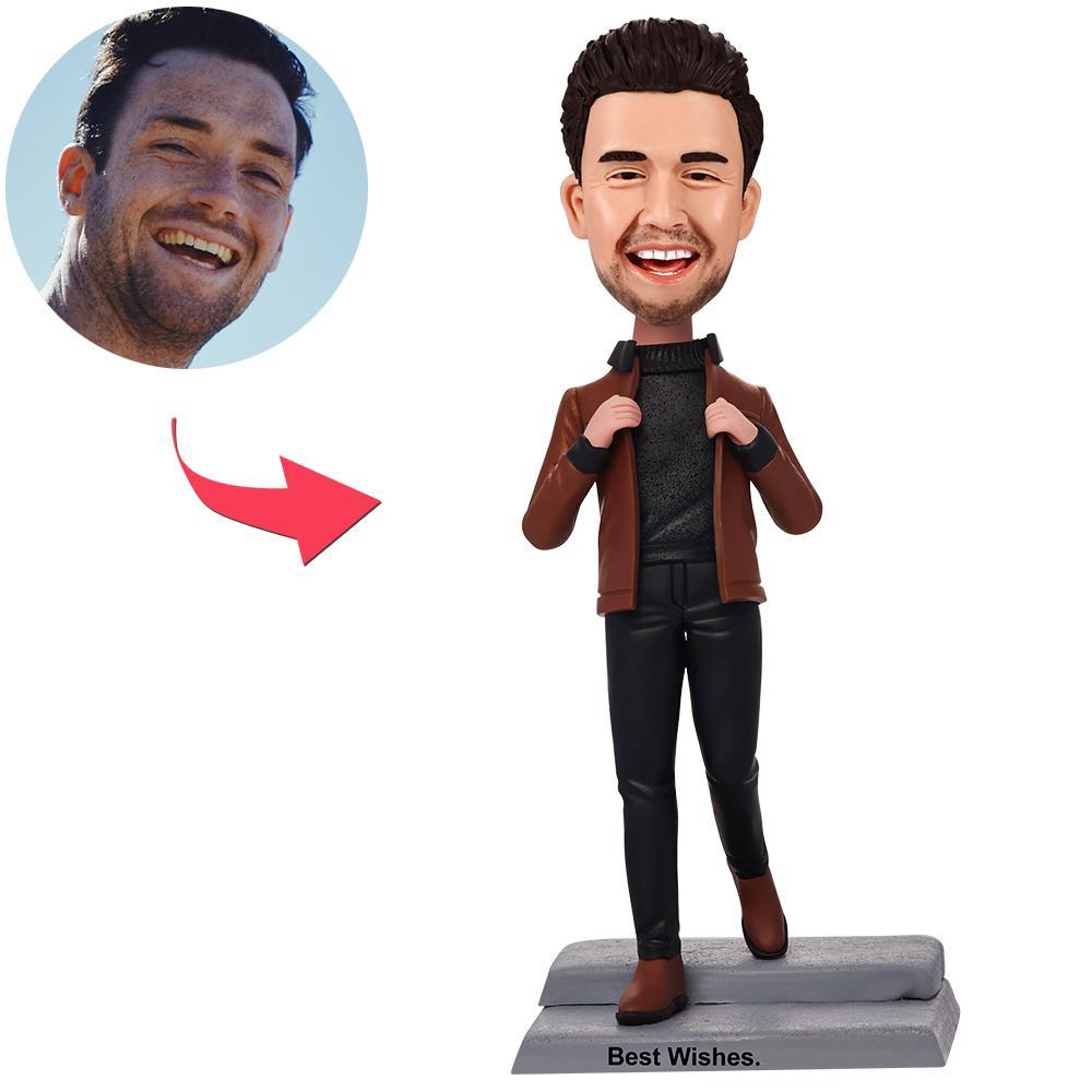 Custom Casual Man In Brown Jacket Bobbleheads With Engraved Text-Blongser
