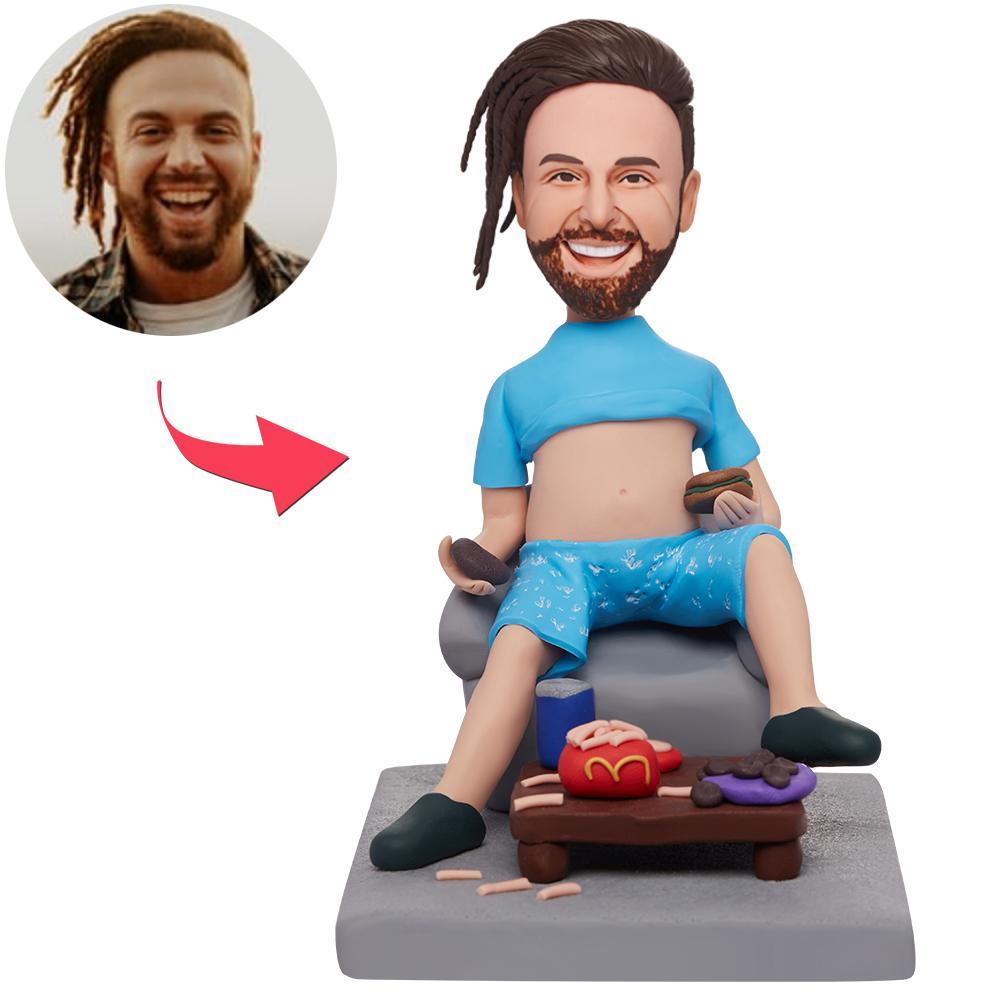 Custom Man Sitting In A Chair Eating Fast Food Bobbleheads With Engraved Text-Blongser