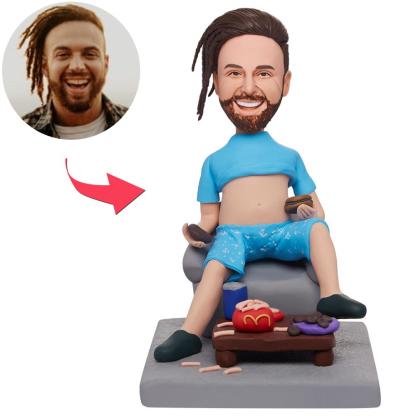 Custom Man Sitting In A Chair Eating Fast Food Bobbleheads With Engraved Text-Blongser