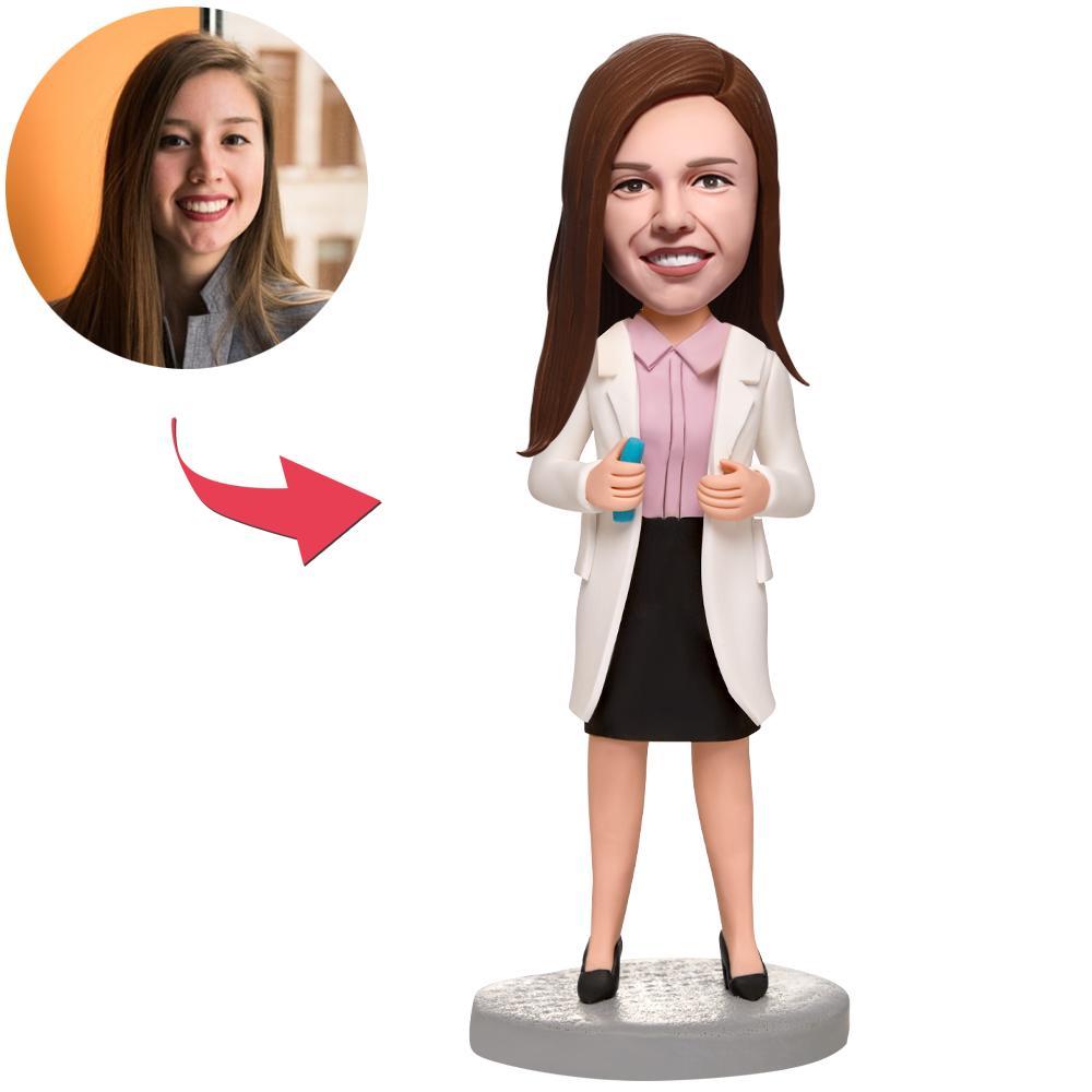 Custom Female Doctor Holding A Needle Bobbleheads With Engraved Text-Blongser