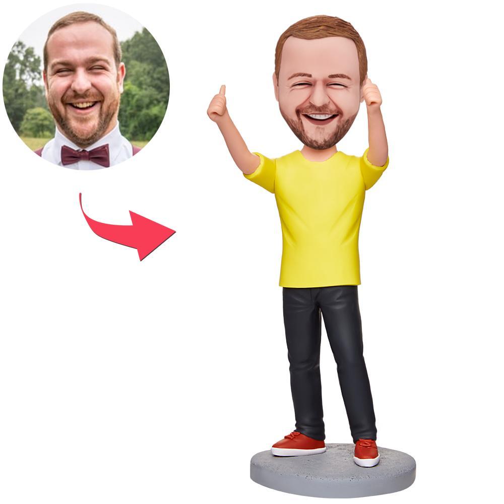 Stylish Casual Man With Both Hands Thumbs Up Engraved Text Custom Bobbleheads-Blongser