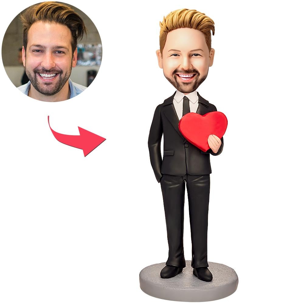 Custom Man Holding A Love Heart Bobbleheads With Engraved Text-Blongser
