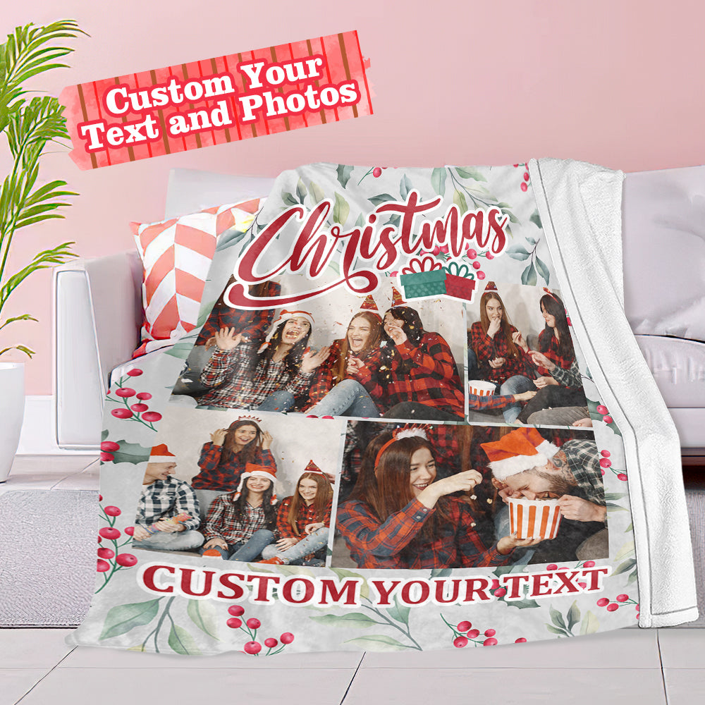 Personalized Collage Photo Christmas Flannel Blanket with Text-Blongser