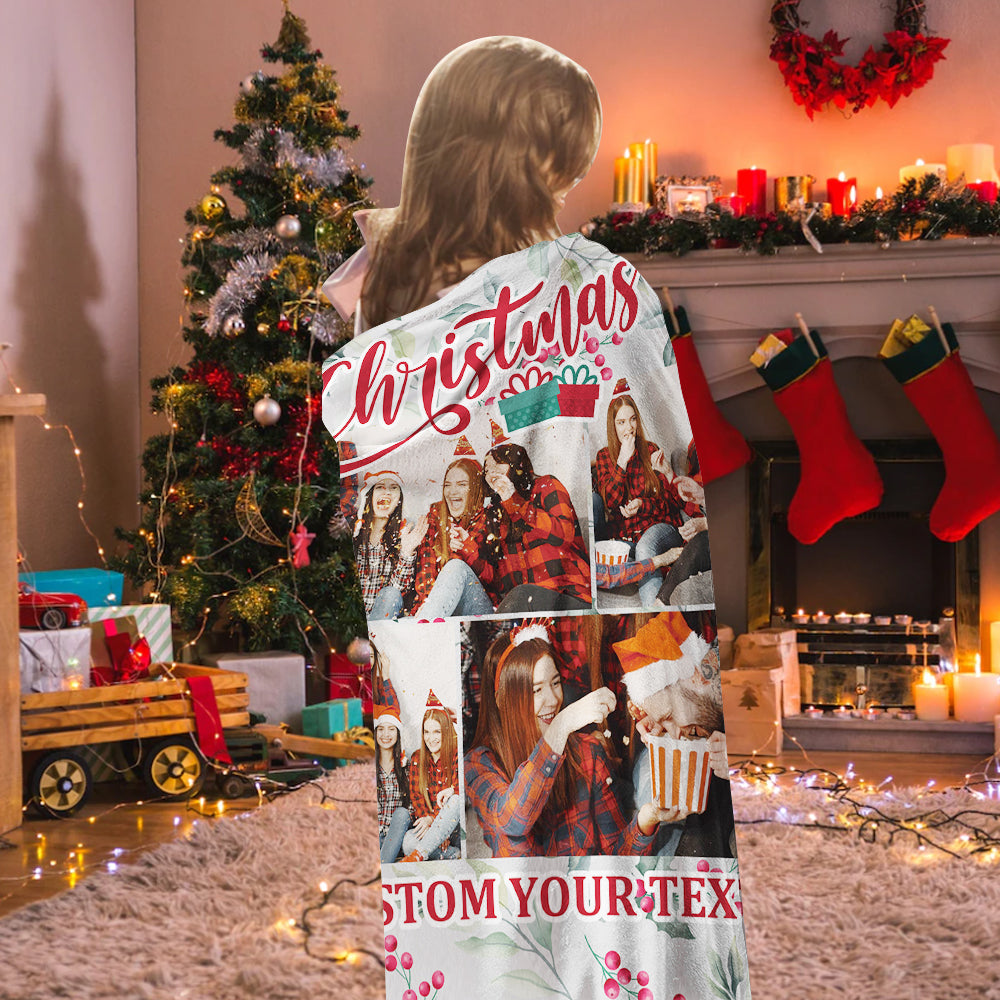 Personalized Collage Photo Christmas Flannel Blanket with Text-Blongser
