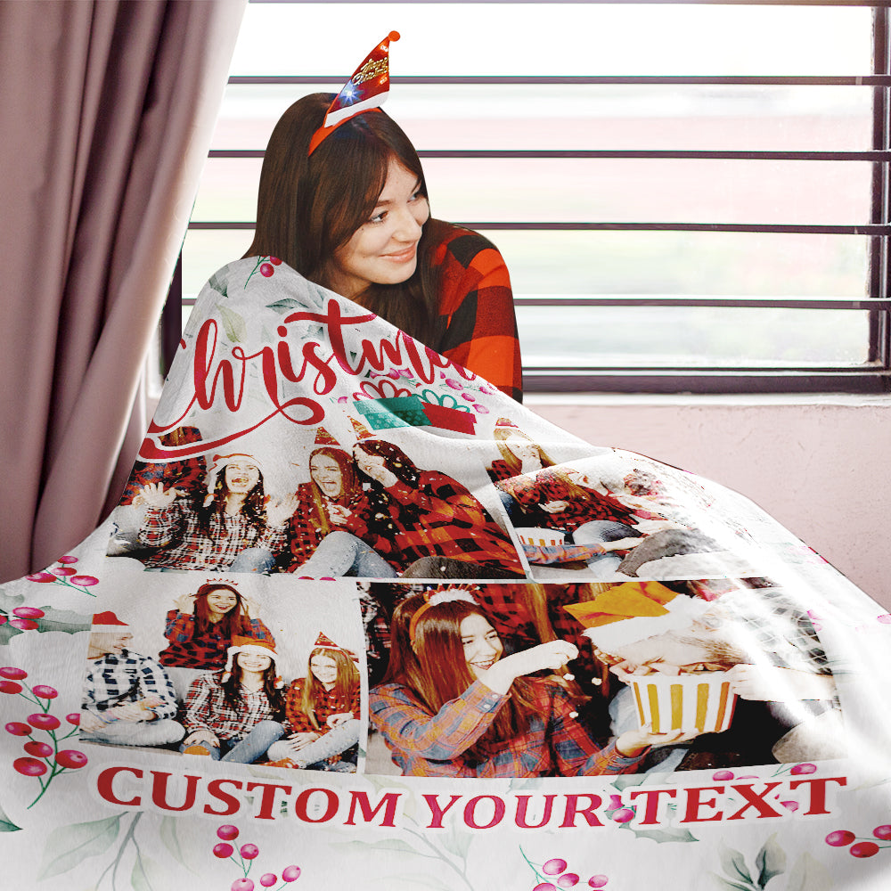 Personalized Collage Photo Christmas Flannel Blanket with Text-Blongser