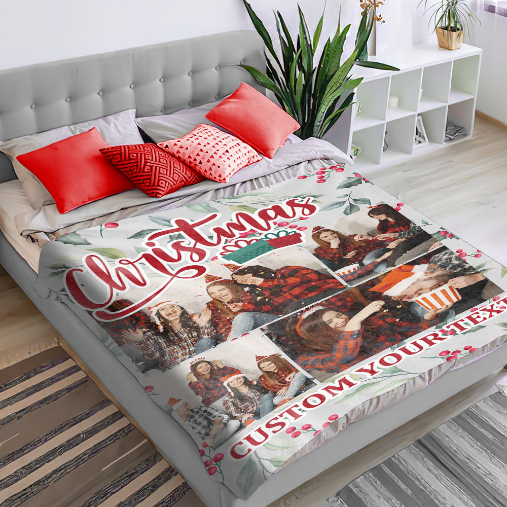 Personalized Collage Photo Christmas Flannel Blanket with Text-Blongser