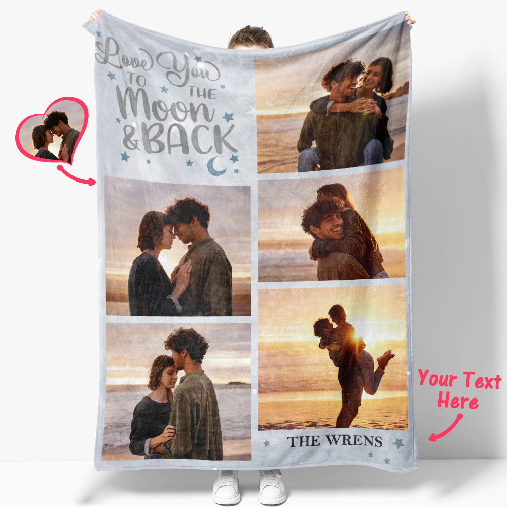 LOVE U TO THE MOON BACK Personalized Five Photos and Text Blanket-Blongser