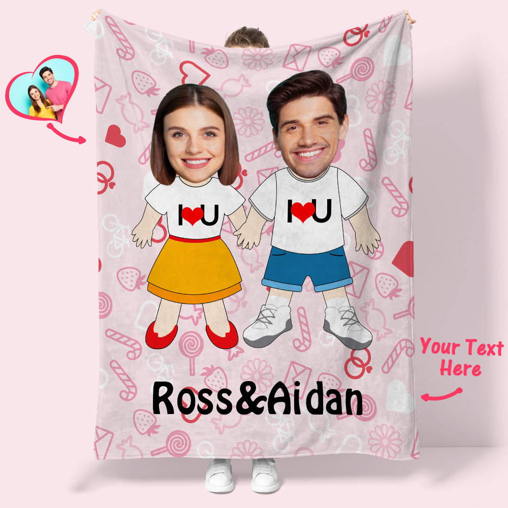 I LOVE U Custom Names Blanket Personalized Face Couple Blanket-Blongser
