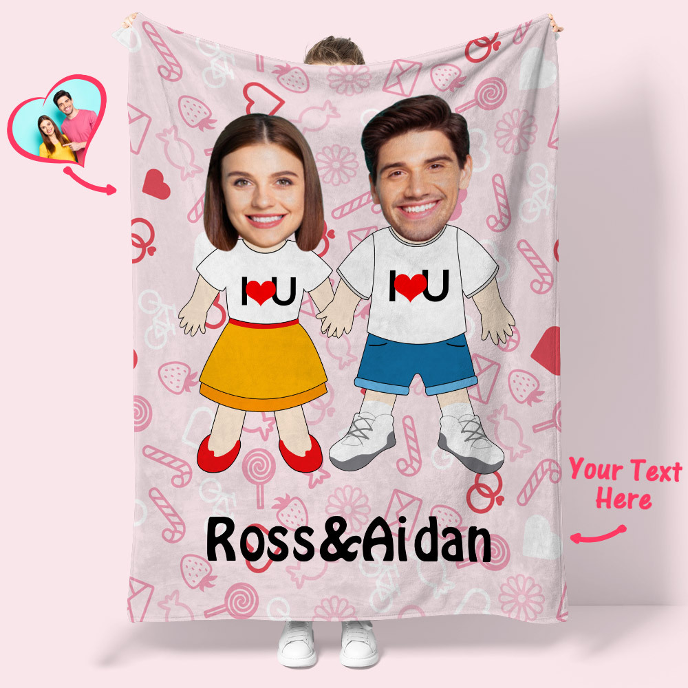 I LOVE U Custom Names Blanket Personalized Face Couple Blanket-Blongser